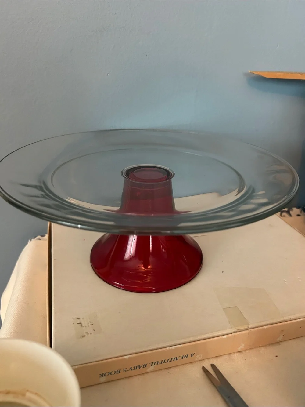 Cranberry Red Glass Pedestal Cake Stand with Clear Plate Excellent for holidays